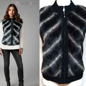 90s Vintage Marisa Christina Black White Faux Fur Fullzip Mock Neck Sweater Vest